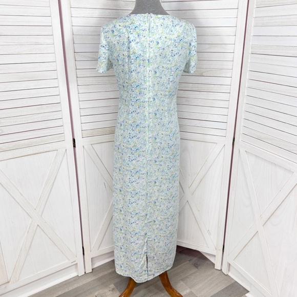 Vntg Villager Liz Claiborne Ditsy Floral Cinch Neck Linen Maxi Dress Blue Medium - Picture 4 of 12